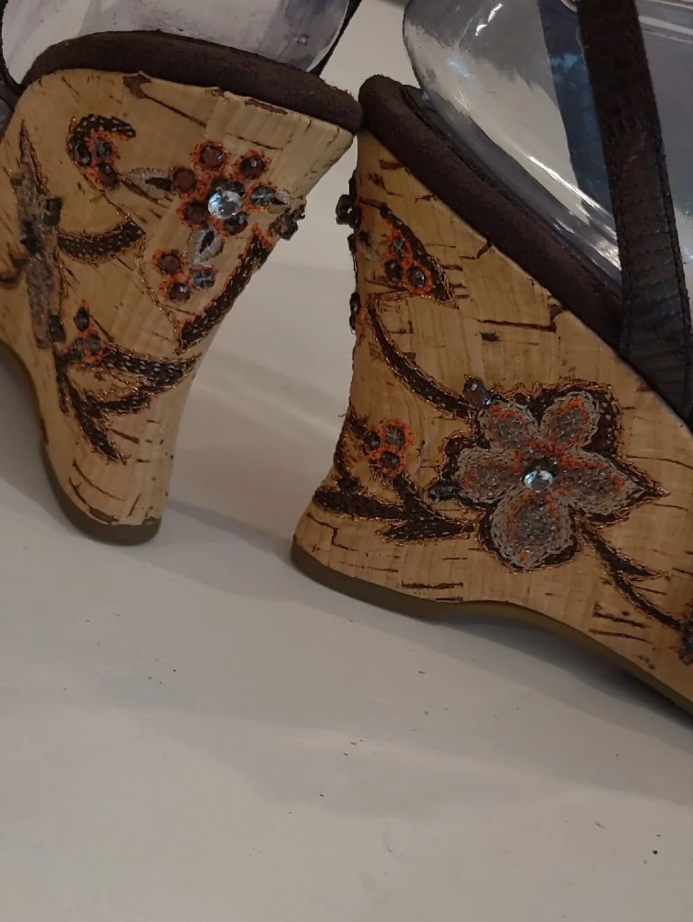Bandolino Beaded Flower Accent Cork Wedge Sandals Bohemian Ankle Strap Heel Y2K